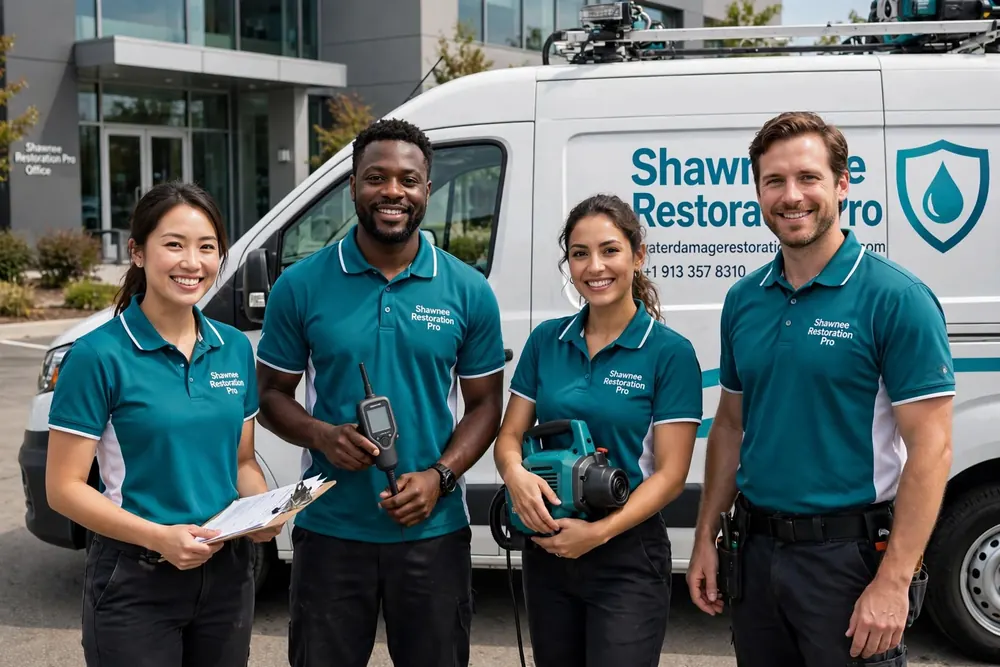 People in teal shirts in front of a service van Four people in teal polo shirts holding a clipboard, a moisture meter, and equipment in front of a white service van