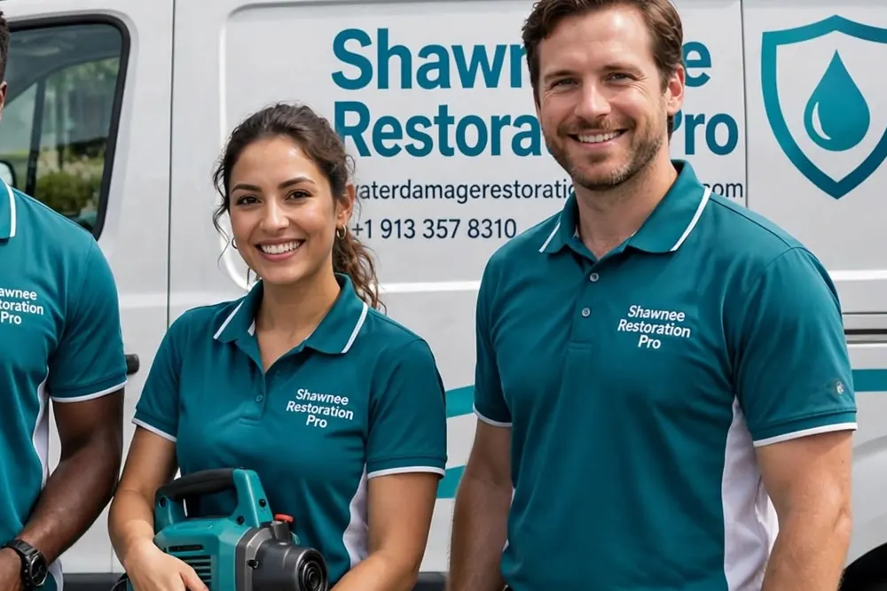 People beside a van with a shield and water drop logo Two people in teal polo shirts standing beside a white van marked with a teal shield and water drop logo
