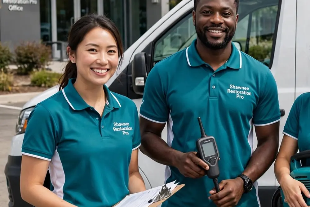 People with a clipboard and meter outside a van Smiling people in teal polo shirts with a clipboard and a handheld meter outside a white van
