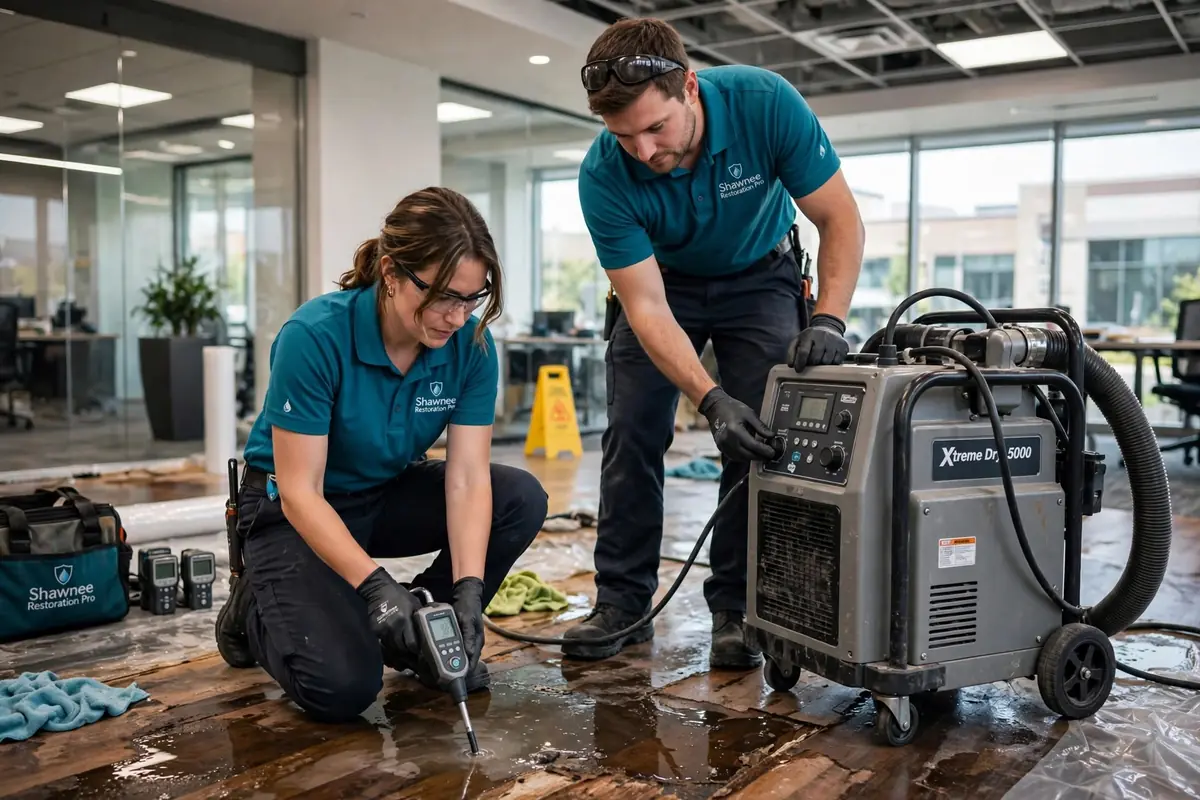 Drying equipment and moisture meter on a wet floor Two technicians with a moisture meter and a large drying machine on a wet wood floor