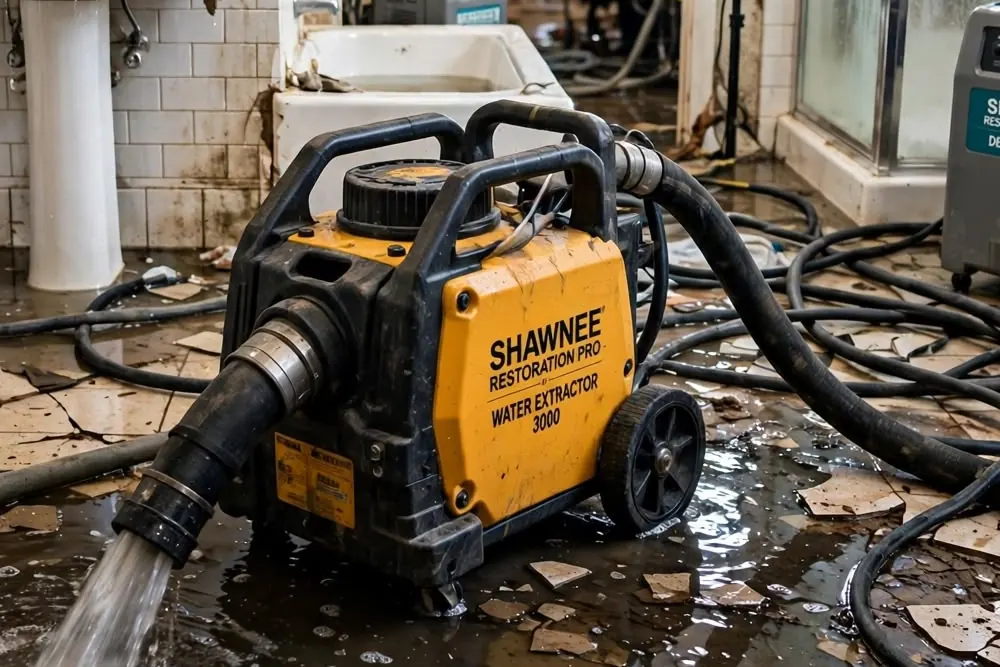 Water extractor pumping out standing water Close-up of a yellow water extractor pumping water from a flooded tile floor