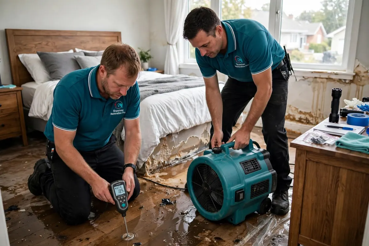 Moisture meter and air mover on a wet bedroom floor Two technicians in teal polo shirts using a moisture meter and an air mover on a wet wood floor in a bedroom