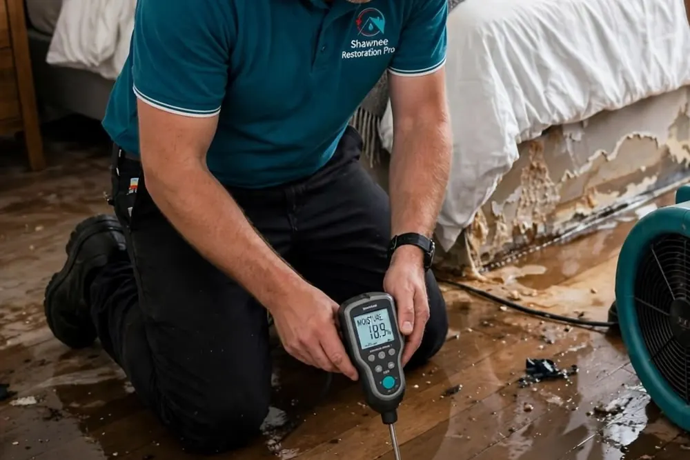 Taking a moisture reading on a wet floor Technician kneeling on a wet wood floor and taking a moisture reading with a handheld meter